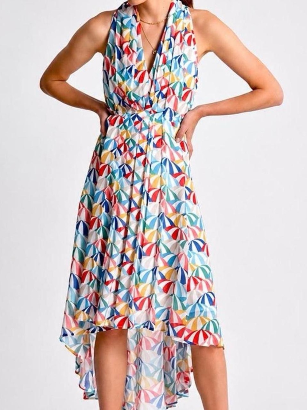 Molly Bracken Multicolor Umbrella-Print High-Low Halter Dress